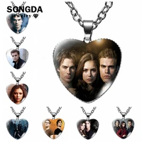 the vampire diaries necklace elena stefan movie figure character heart pendant glass cabochon chain necklaces men women jewelry