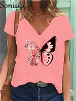 women lady cartoon butterfly floral elegant t shirt 2021 summer shirt clothes tee womens v neck top female print graphic t shirt