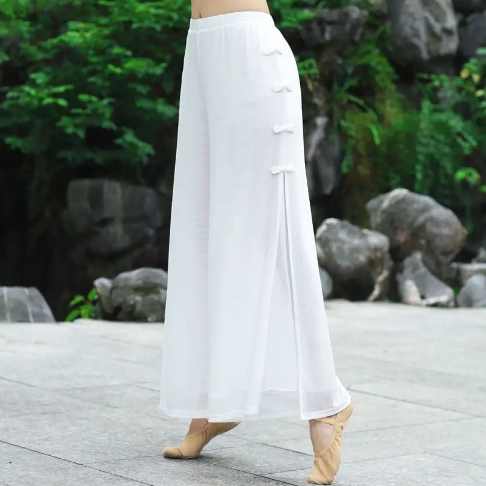 

Classical Dance Dress Women's Elegant Training Black And White Body Modern Chinese Folk Dance Net Gauze Wide Leg Pants Skirt