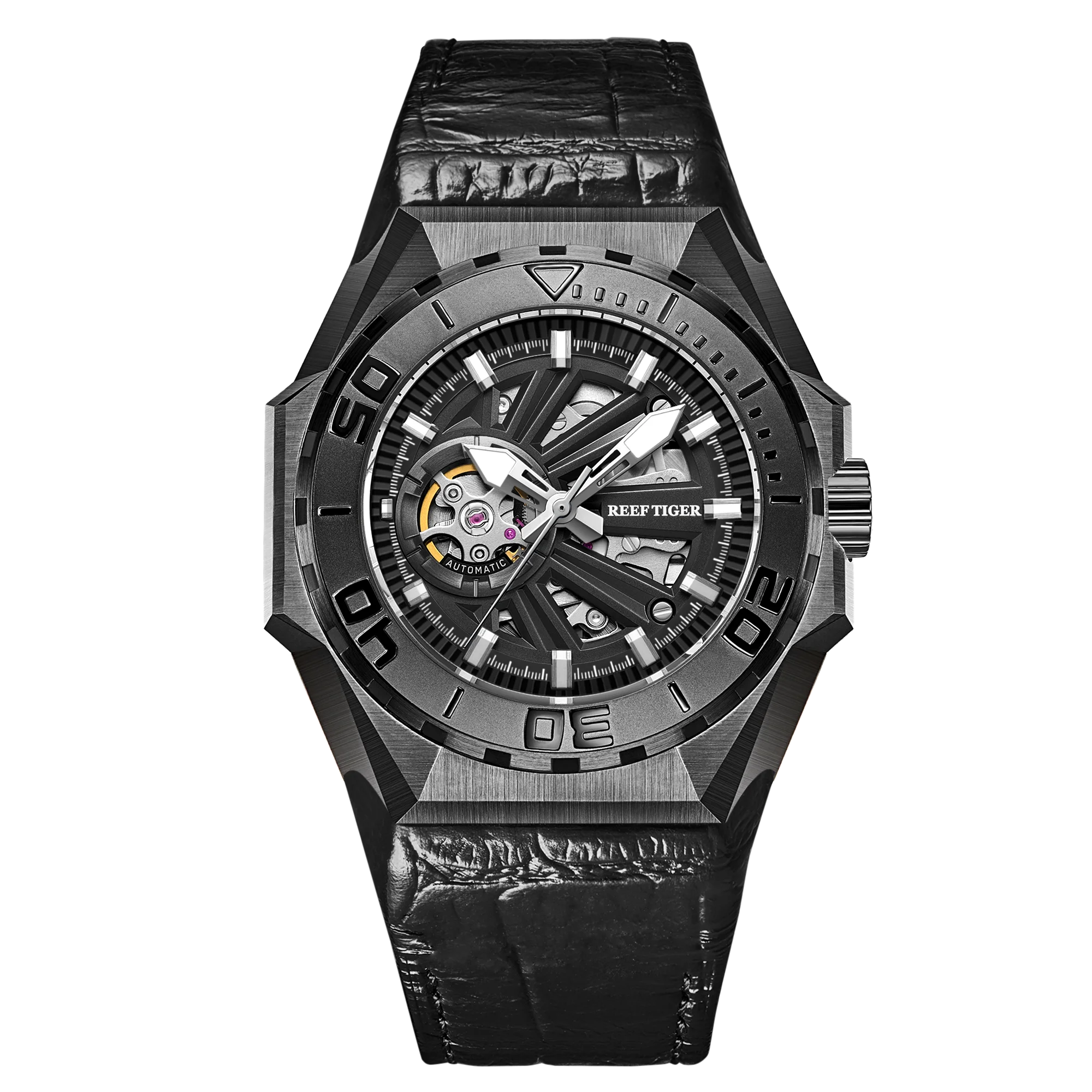 

Reef Tiger/RT Men Sports Watch All Black Automatic Mechanical Skeleton Watches Leather Strap Relogio Masculino RGA6903-S
