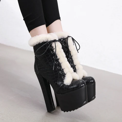 black PU Новые модные ботинки с украшением из меха черные женские ботинки на очень высоком толстом каблуке 16 см с блестками - Цвет: black PU