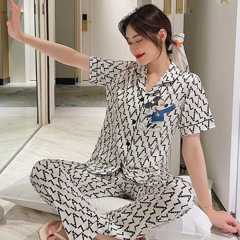 Women's pajamas ice silk summer short sleeve cartoon love calf cute and fresh home dress can be worn over the printed suit