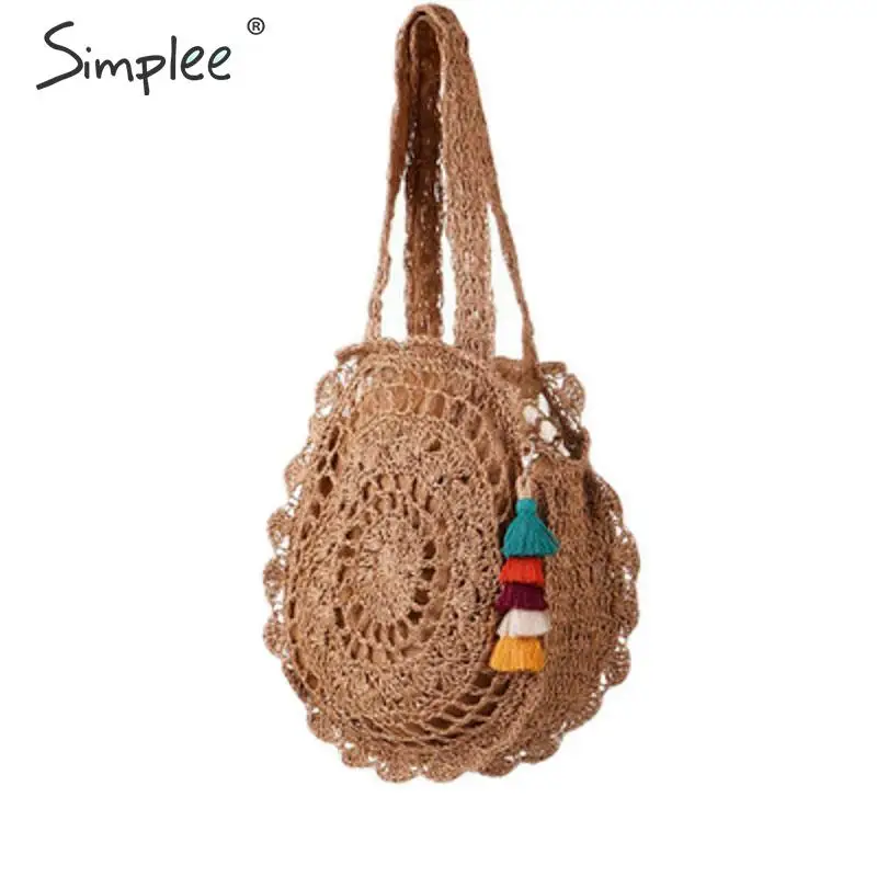 Simplee из ротанга, женские сумки через плечо, круглые соломенные сумки, большая емкость, ручная работа, летние сумки, женские круглые богемные сумки