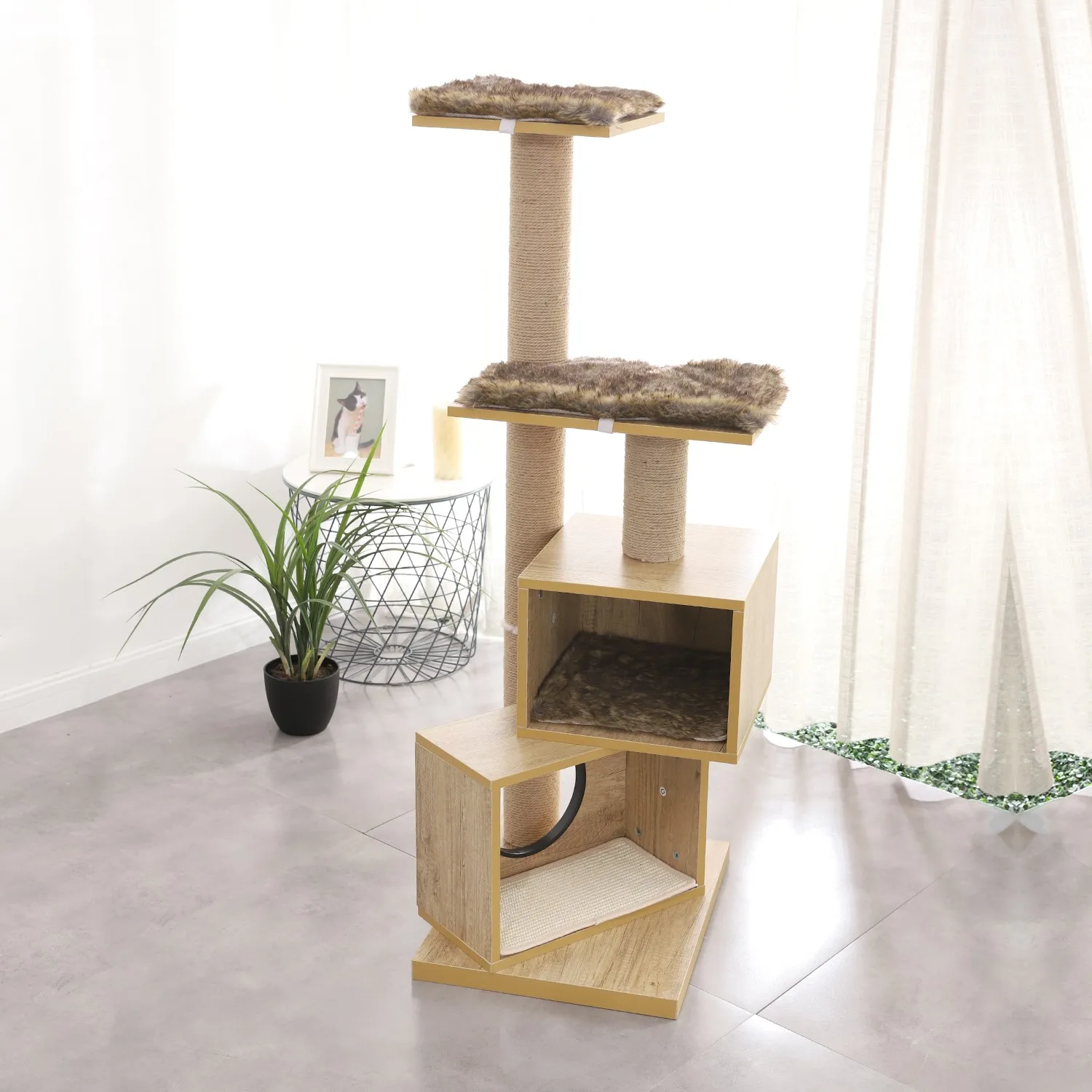 

Wood Cat Tree Modern Cat Tower Sisal Scratching Post Double Condos Kitten Activity Centre Removable Washable Mats Height 49 Inch
