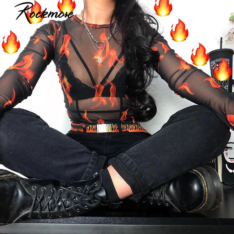 Женские сетчатые футболки Rockmore Fire Flame открытые топы с длинными рукавами