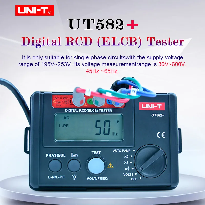 

UNI-T UT582+ Digital RCD ELCB Tester Phase Switch AUTO RAMP Leakage Circuit Breaker Meter Multimeter Voltage and Frequency Test