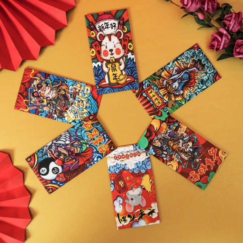 6 шт. конверты красного цвета с изображением мультяшной крысы на Новый год в