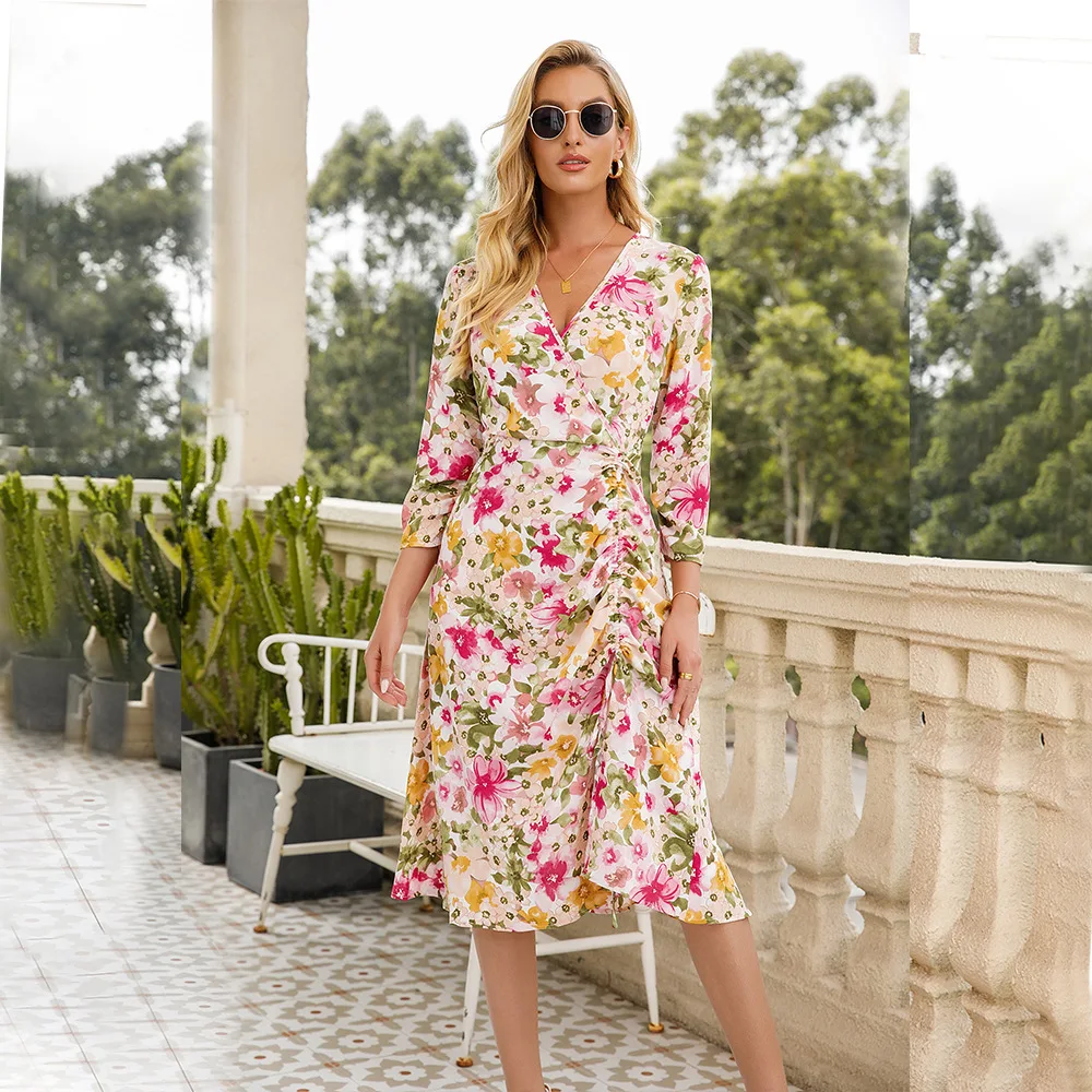 

Spring Fall Dresses Women Sexy Half Sleeve Floral V-Neck Elastic Waist Draw String Falbala Irregular Elegant Polyester Maxiskit