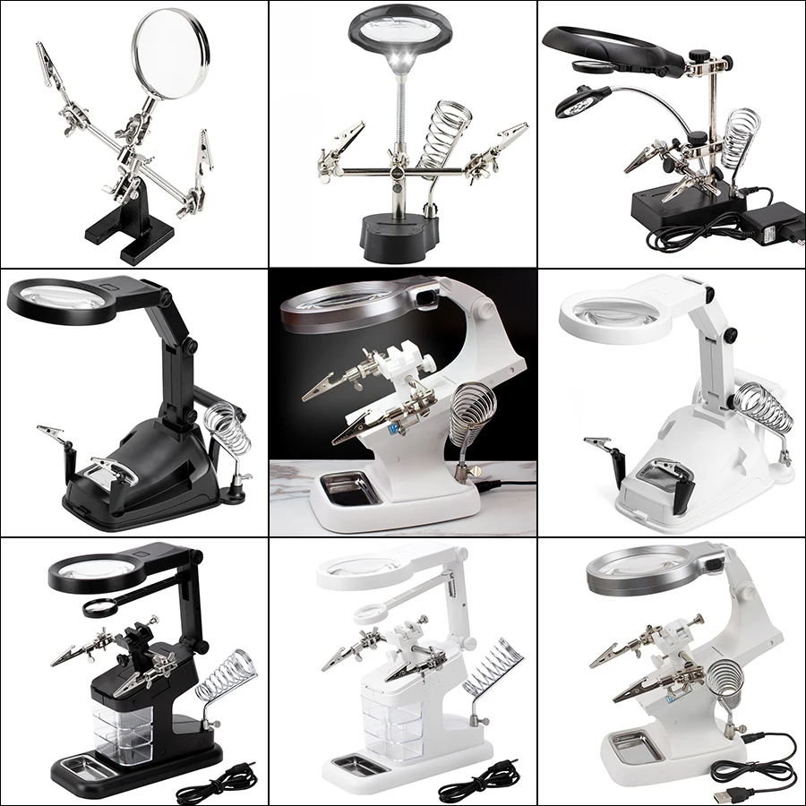 

3 Hand Soldering Iron Stand Welding Tool With Magnifier Illuminated Glasses LED Alligator Clip Holder Clamp Helping Repair