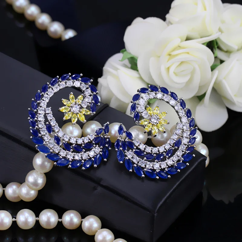 BeaQueen Beautiful CZ Marquise Cut Dark Blue Yellow Cubic Zirconia Large Stud Earrings Women Bohemia Costume Jewelry E136 | Украшения и