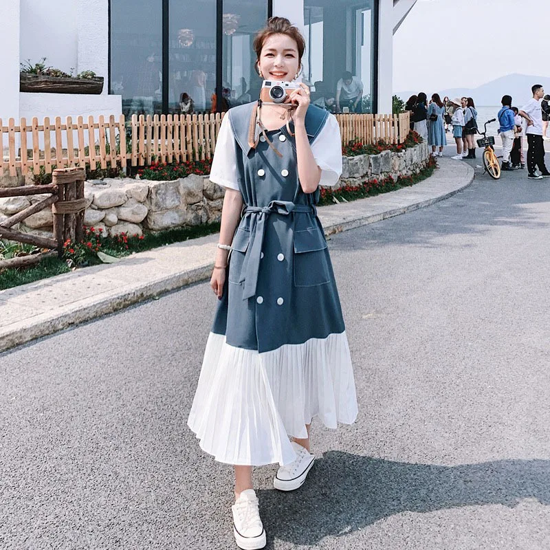 

Fashion all-match 2021 summer mid-sleeve women's new style dress Korean mid-length shirt skirt pleated skirt