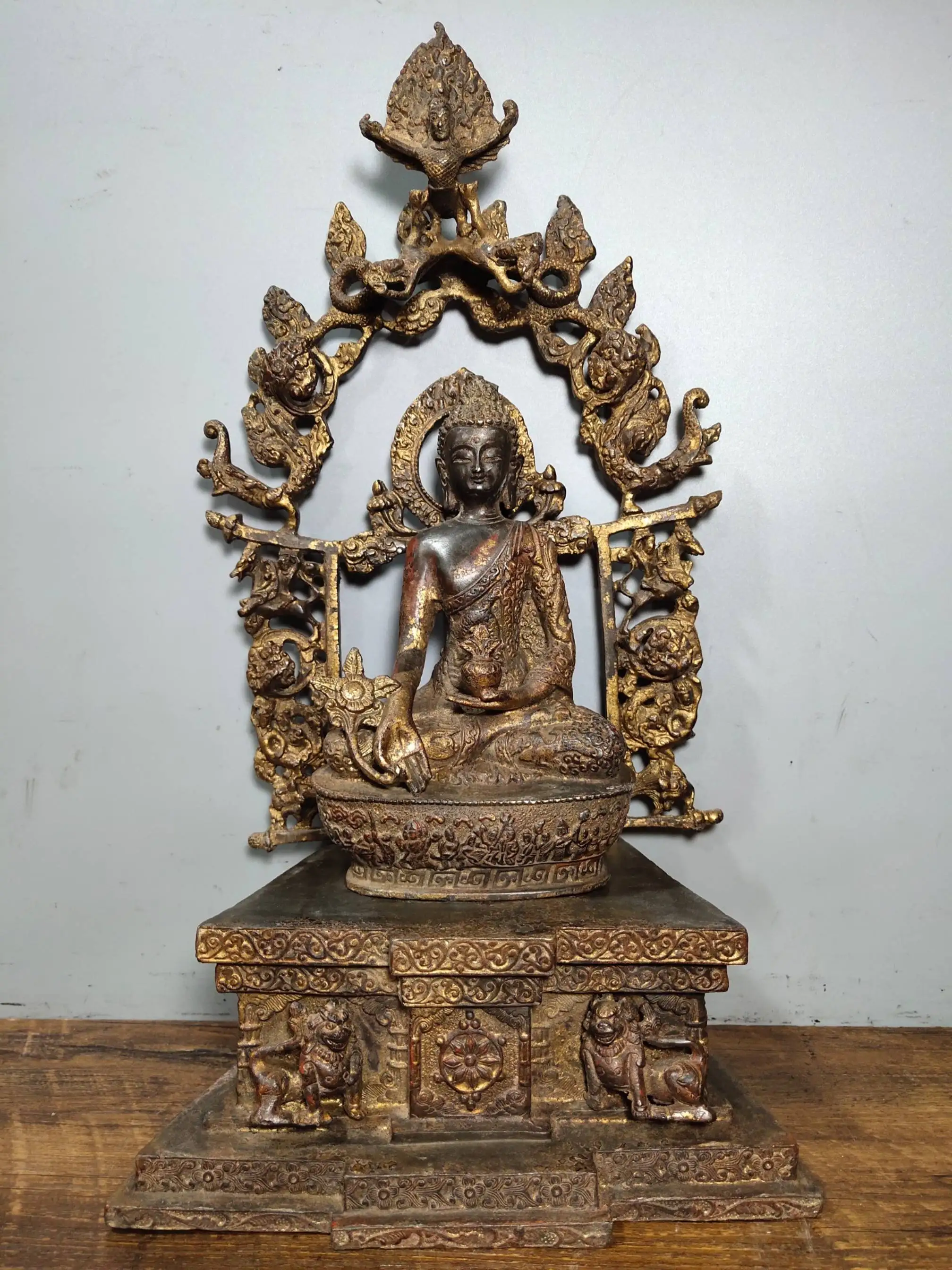 

16" Tibet Buddhism Temple Old Bronze Cinnabars Medicine Buddha Shakyamuni Ancestor of ten thousand buddhas Enshrine the Buddha