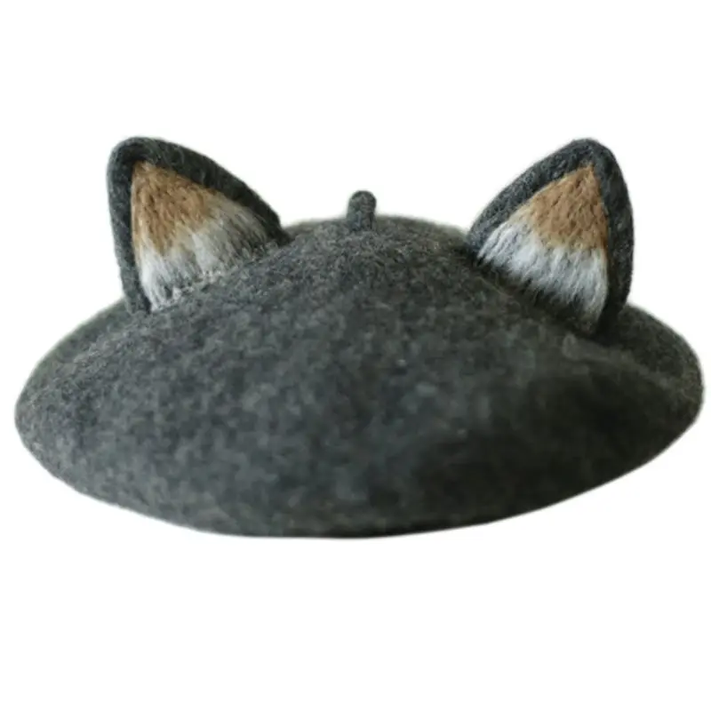 

Women Girls Retro Beret Cap Cute 3D Cat Fox Pointed Ears Faux Felt Painter Hat
