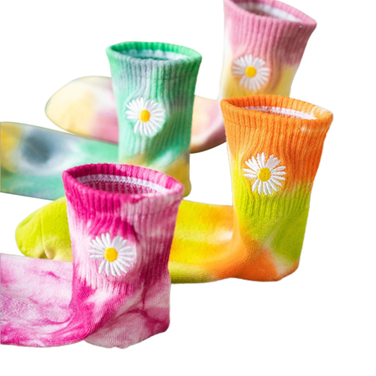 

Unisex Tie Dye Print Crew Socks Adults Daisy Embroidery Ribbed Mid-calf Length Socks Summer Couples Stocking