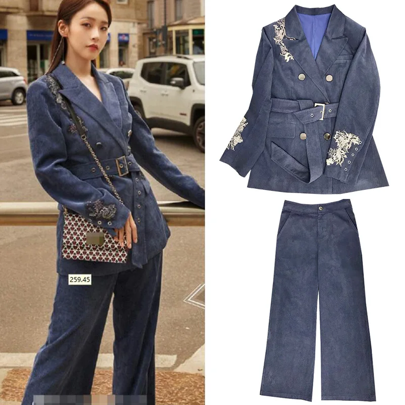 

Pant Suits for Women New Winter Navy Embroidered Suit Casual Wide-Leg Pants Two-Piece Set Business Set Woman