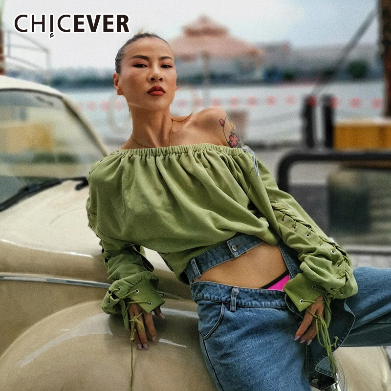 CHICEVER сексуальная женская рубашка с рюшами открытыми плечами рукавами-фонариками