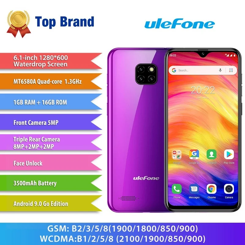 

Ulefone Note 7 Smartphone 3500mAh Quad Core 19:9 6.1'' Waterdrop Screen 1GB 16GB ROM Mobile phone WCDMA Android 9.0 Cellphone