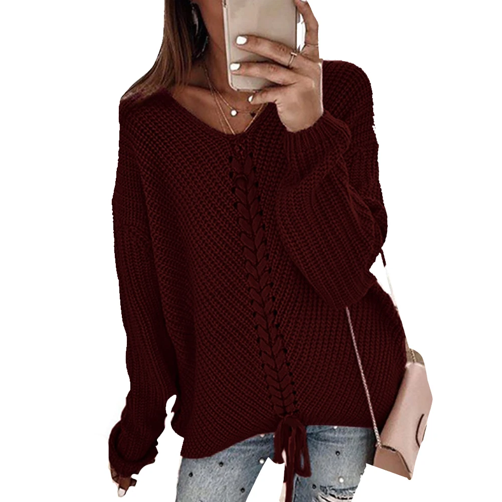 Warm Dating Drawstring Casual Long Sleeve Loose Soft Daily Women Sweater V Neck Solid Fall Travel Shopping | Женская одежда