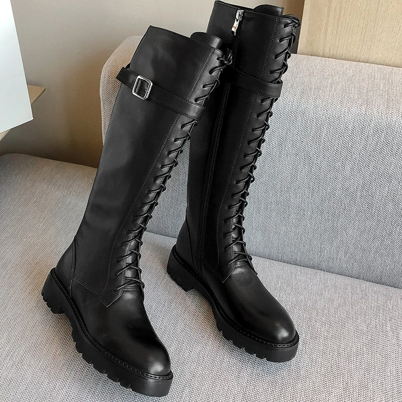 

Cow Leather Knee High Boots Women med heels Party Night Club Shoes Woman Autumn Winter Warm lace up buckle Decoration High Boots