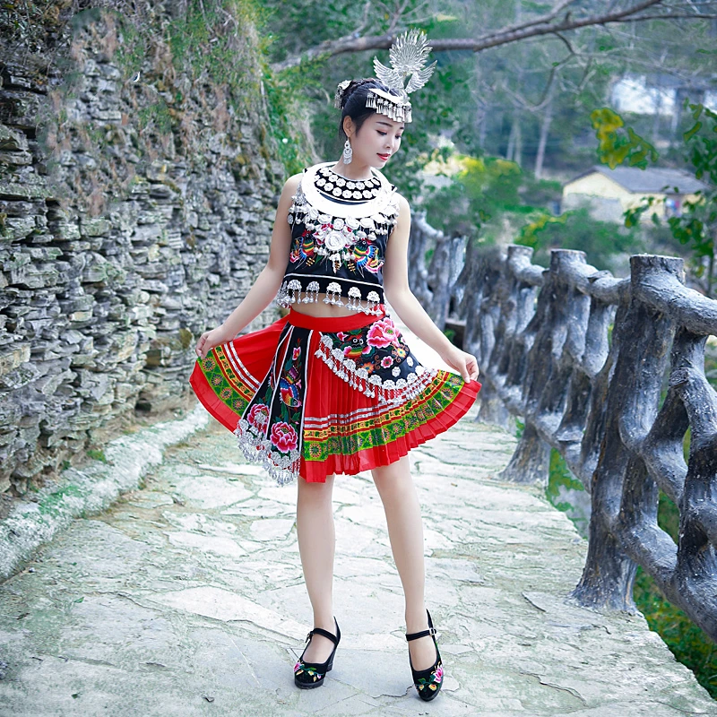 Hmong Clothes Spring Summer Ethnic Style Embroidery Short Pleated Skirt Miao Silver Hat Photography Stage Dance Clothing | Тематическая