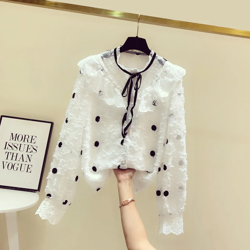 Женская шифоновая блузка в горошек элегантная повседневная с бантом и оборками |