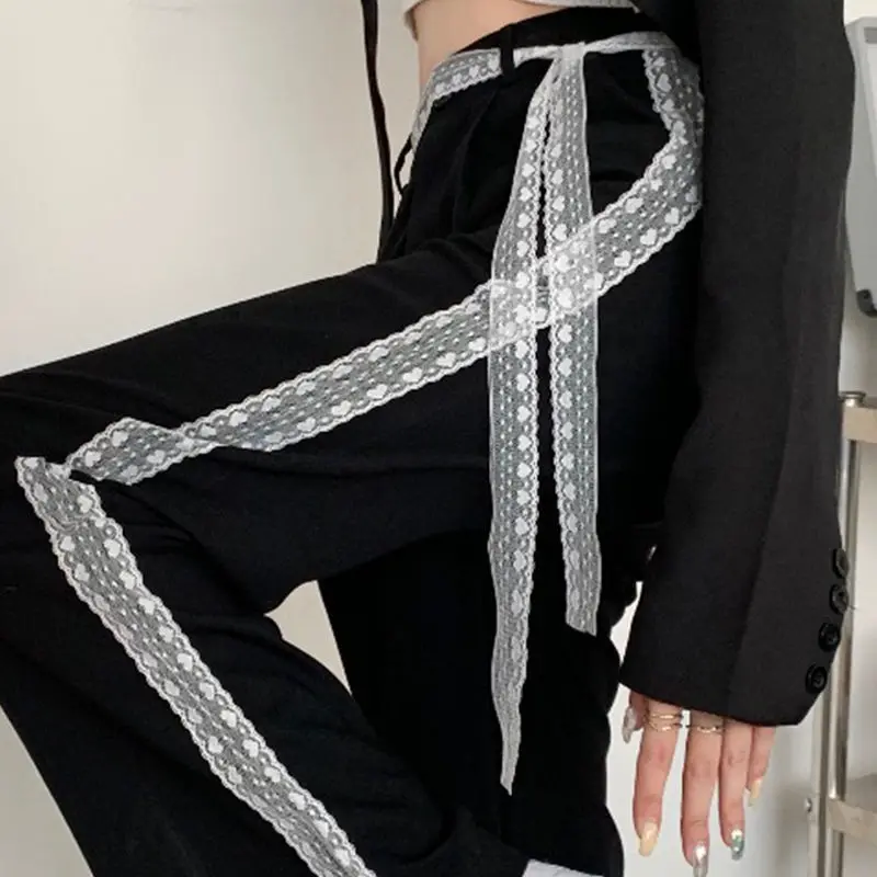 

Black Y2k Korean Style Long Pants Women Lace Sashes Casual Elegant Wide-legged Pants High Street Designer Clothing Autumn 2021