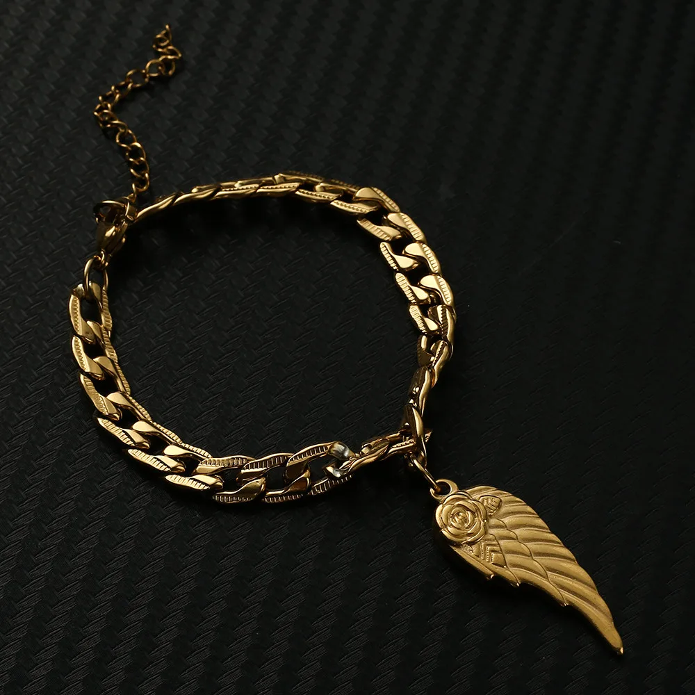 

Stainless Steel Chunky Chain Feather Wings Charm Bracelet For Woman Fashion Feather Bracelet Jewelry Valentine's Day Gift