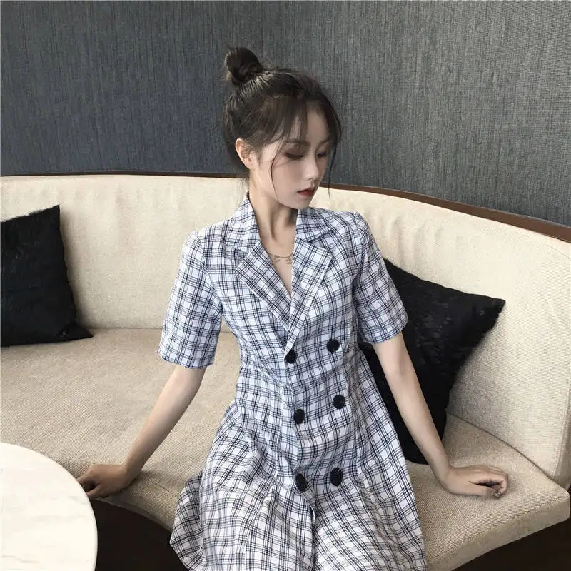 women dress White Новейший женский OL Тонкий Блейзер Платье женское зубчатое с коротким рукавом клетчатое повседневно-деловое платье короткая Офисная Рабочая верхняя одежда - Цвет: women dress White