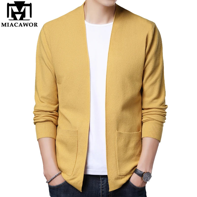 MIACAWOR 2020 New Cardigan Men Autumn Wool Sweatercoat Casual Yellow Blue Knitred Pull Homme Slim Fit Jumpers Y260 |