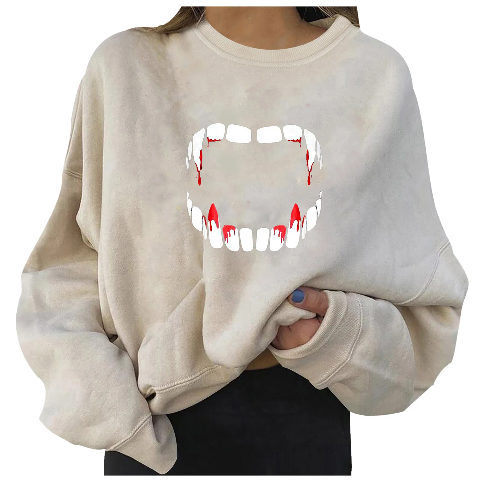 

Halloween Teeth Printed Women Hoodies Casual Long Sleeve Round Neck Ladies Sweatshirts Western Style Loose Thickening Ladies Top