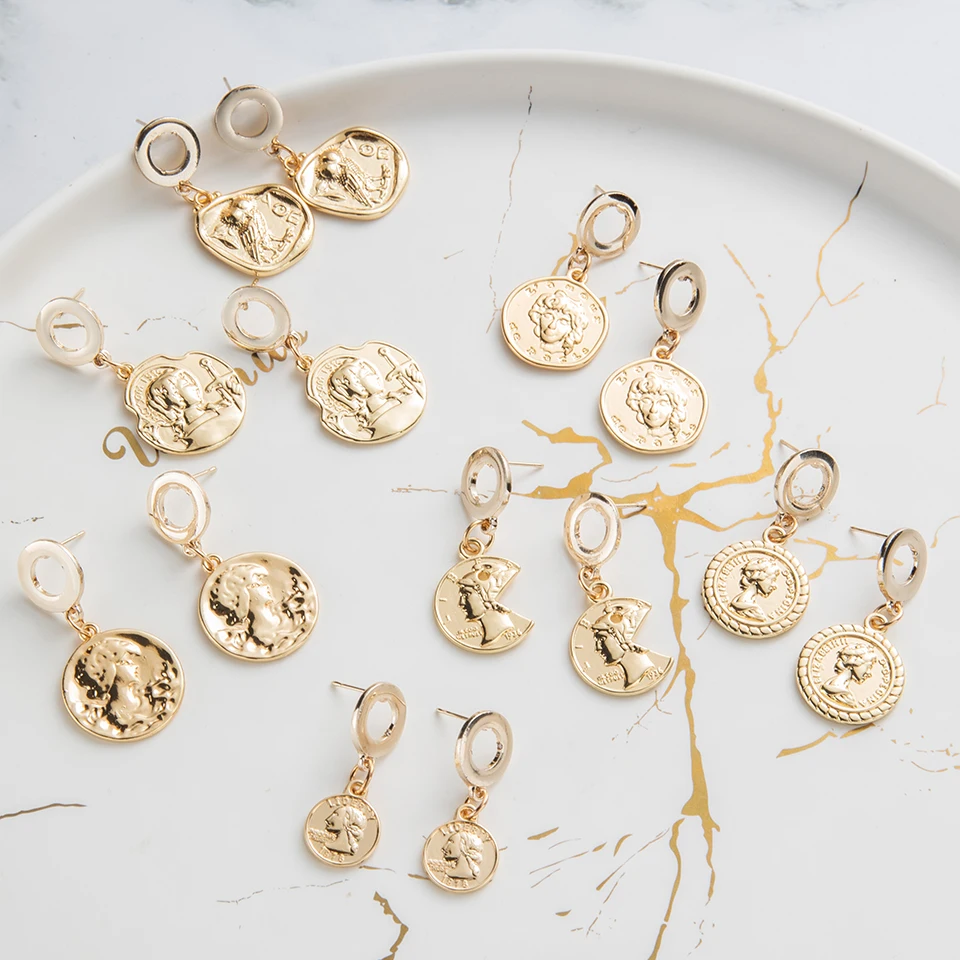 Винтаж Goldn монета серьги в виде капель с кристаллами форме Женщины Девушки