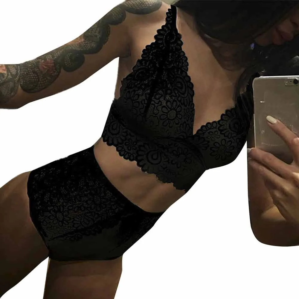 Эротическое женское белье корсет кружевные цветы пуш-ап топ бюстгальтер + брюки