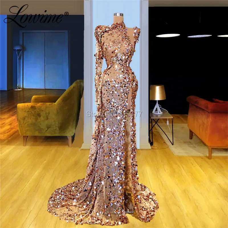 Dubai One Shoulder Beading Illusion Arabic Mermaid Evening Dress Sequins Sexy Prom Dresses Long Sleeve Formal Dress 2020 Dubai