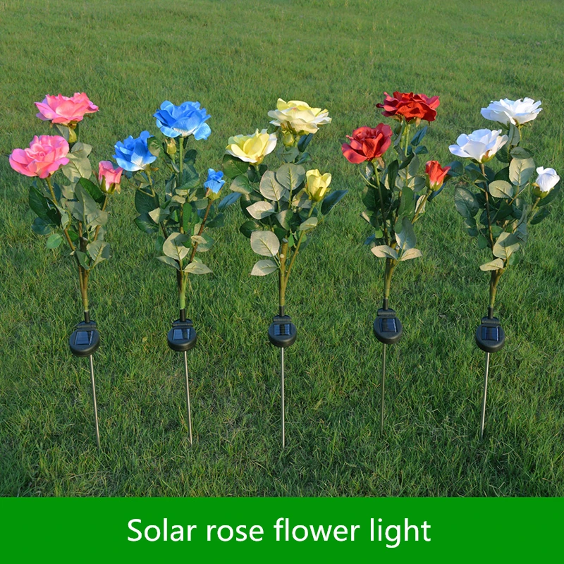 Солнечный светодиодный полюсный светильник лампа с цветком розы 3 головки