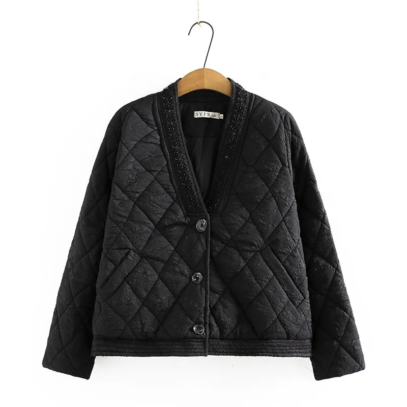 Under Straight Autumn Winter Coat with Rhombus Pattern Casual Women Parkas Deep V Ncek Pockets Stylish Outerwear Big Size