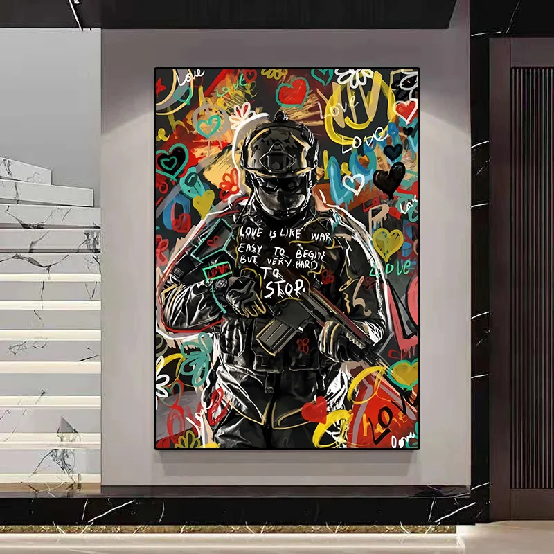 

Abstract Sniper Graffiti Art Canvas Painting Love Is Like War Easy To Begin,but Very Hard To Stop Posters Pop Art Wall Picture