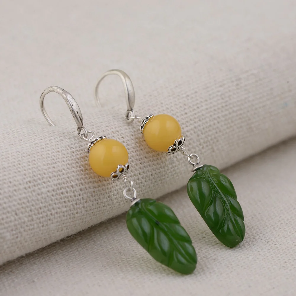 

FNJ 925 Silver Amber Jade Earrings for Women Jewelry 100% Pure Original S925 Silver Sterling Drop Earring