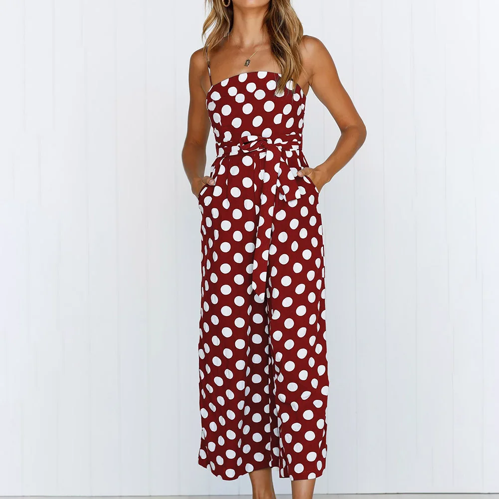 

Newly Womens Strappy Holiday Playsuit Ladies Jumpsuit Beach Dot Printed Wide Leg for Summer DO99