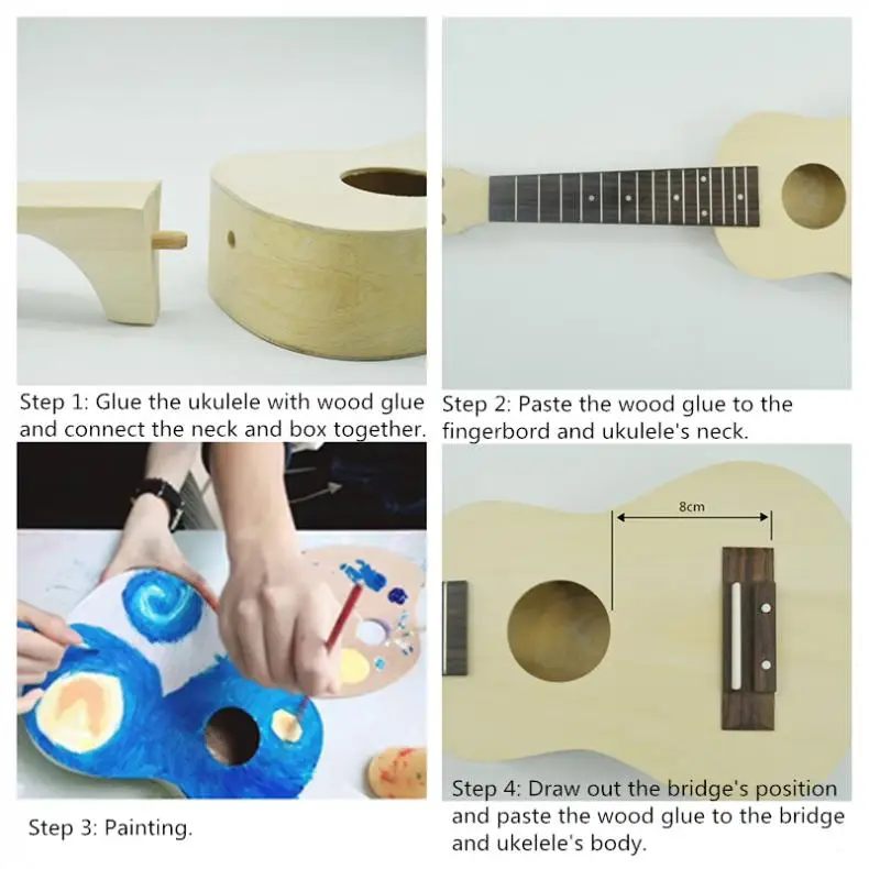 21 дюймов Гавайские гитары укулеле DIY Kit Гавайские гитары Ukelele ручная работа поддержка Живопись Дети игрушка в сборе для начинающих любителей