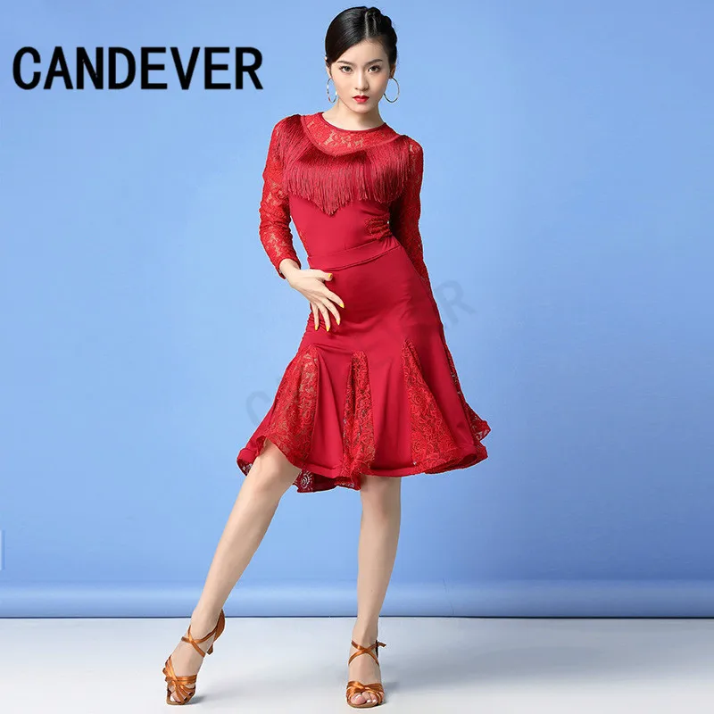 2020 new adult Modern Ballroom Latin Dance Dress lace top skirts tassel Fringe Salsa Tango Wear Performance Stage | Тематическая