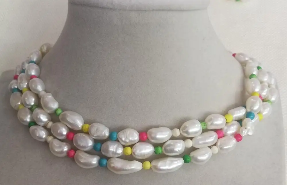 

3 strands 9x10mm baroque white pearl colorful stone mixed necklace natural freshwater pearl Woman Jewelry 14'' 35cm 43cm 17''
