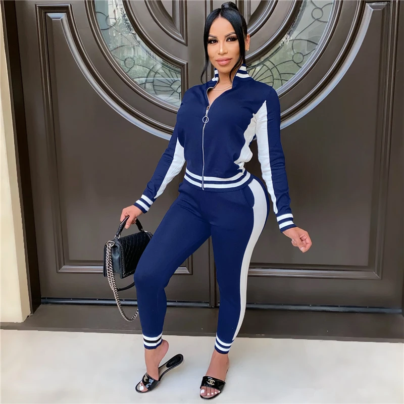 

Adogirl Women Rib Patchwork Casual Active 2 Piece Set Autumn Winter Jogging Suit Long Sleeve Zipper Coat Pencil Pants Tracksuit