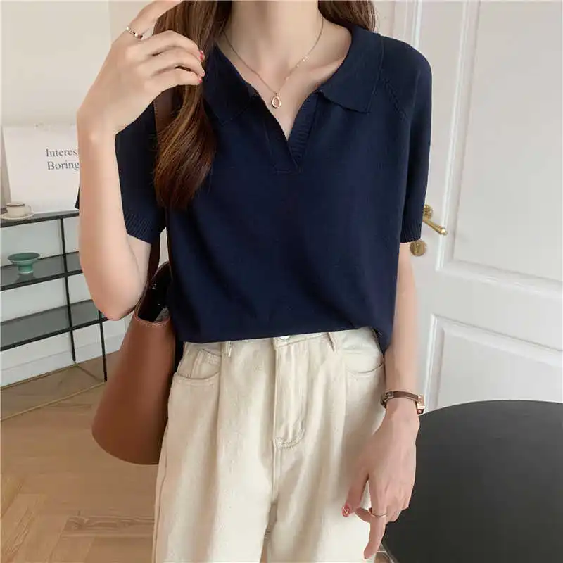

Real Shot Polo Knitwear Short Sleeve Female V-neck All-Matching Flip