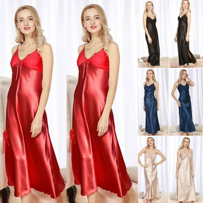 

Women Ladies Sexy Satin Long Nightdress Silk Lace Nightgown Sleepwear