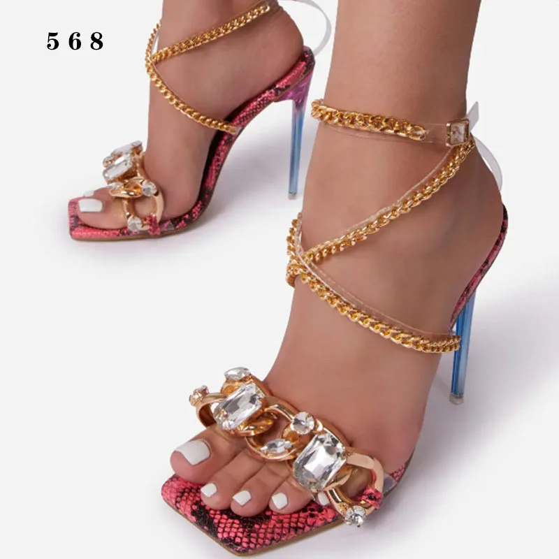 

2021 sexy high-heeled shoes rhinestone strap women's shoes large size square toes snakeskin sandals Metal chain ankle band