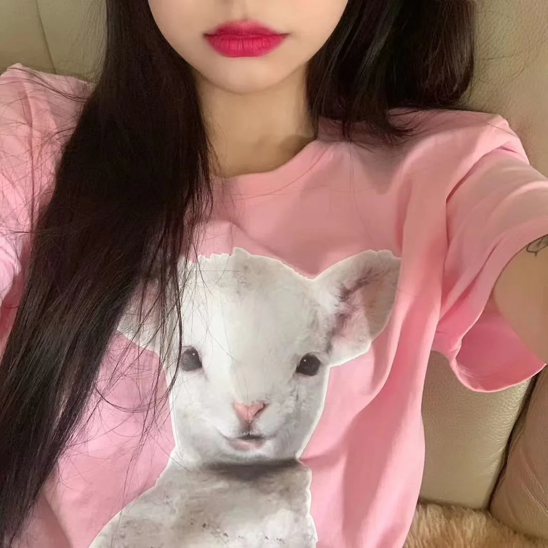 

Cute Sheep Cartoon Print Sweet Girls Tops Streetwear Harajuku Pink Fun Casual Loose Vintage Kawaii Summer Cotton Women T-shirt