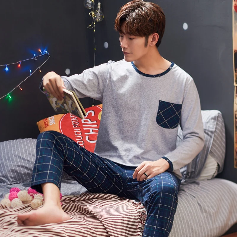 

2020 Autumn 100% Cotton Long Sleeve Casual Plaid Pajama Sets for Men High Quality Sleepwear Pyjamas Male Lounge Homewear Clothes