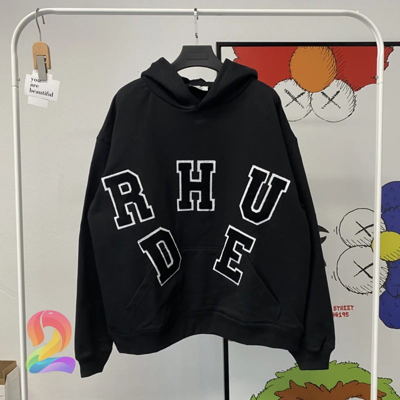 

3D Flocking Embroidered Logo Rhude Hooded Men Women High Quality Terry Cotton Rhude Sweatshirts Oversize Hoodies