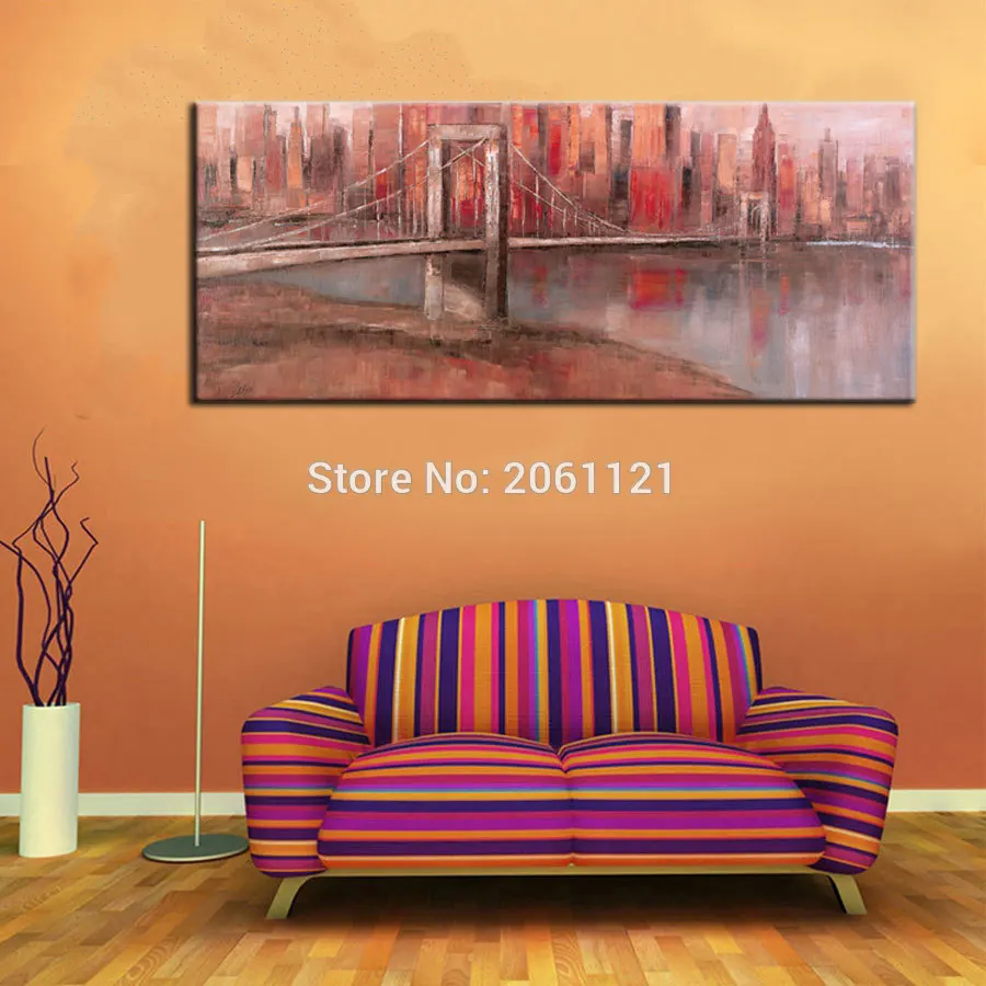 

handmade red LARGE Wall Art New York Brooklyn Bridge Canvas Painting Modern wall Picture For living room Home Decoration