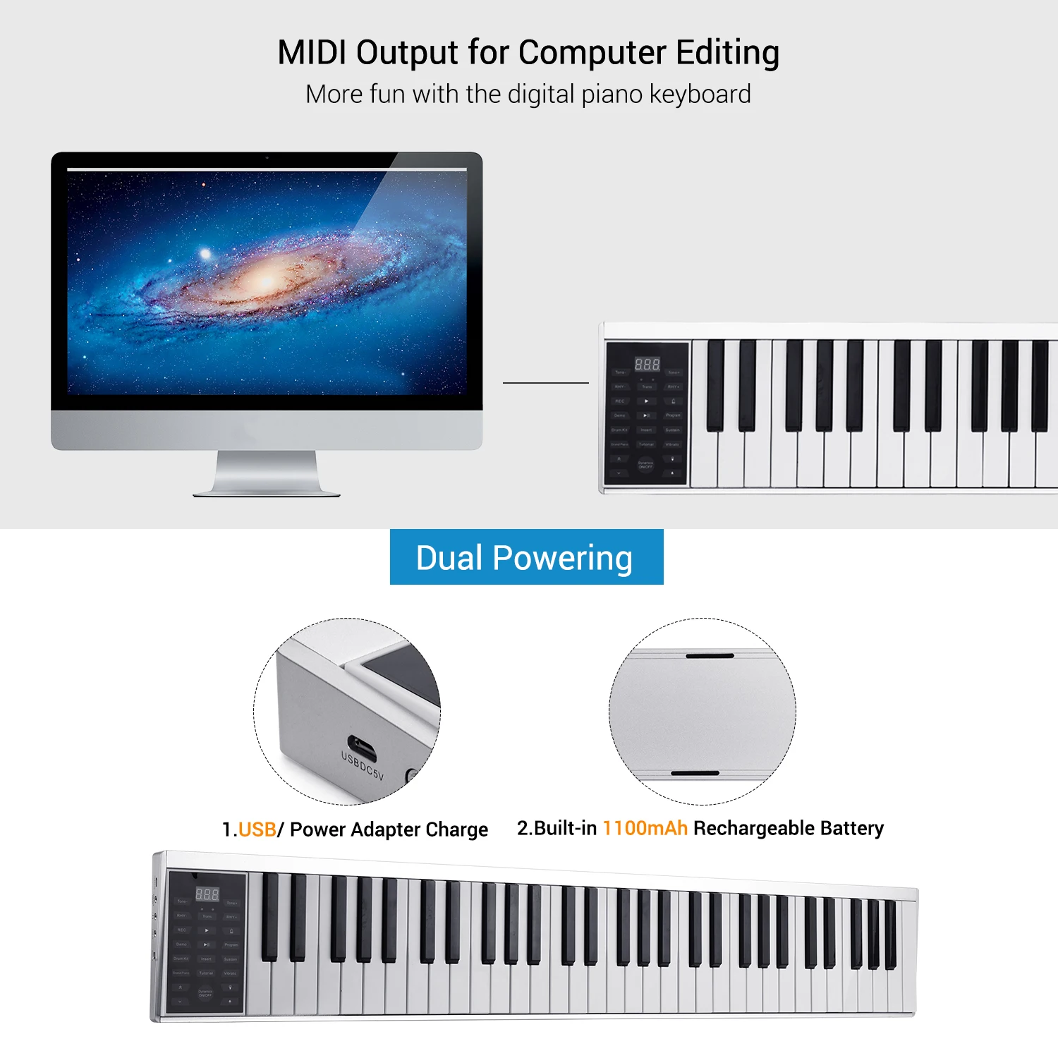 Цифровая электронная клавиатура для пианино 61 клавиша MIDI-выход 128 тонов ритмов 14